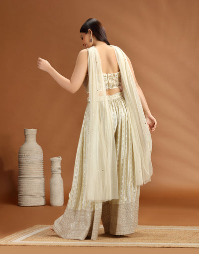Golden Dust Embellished Blouse With Banarasi Pallazo Fusion Set