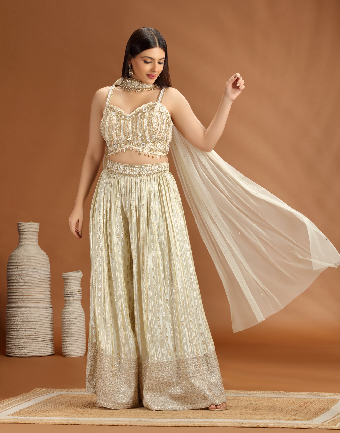 Golden Dust Embellished Blouse With Banarasi Pallazo Fusion Set