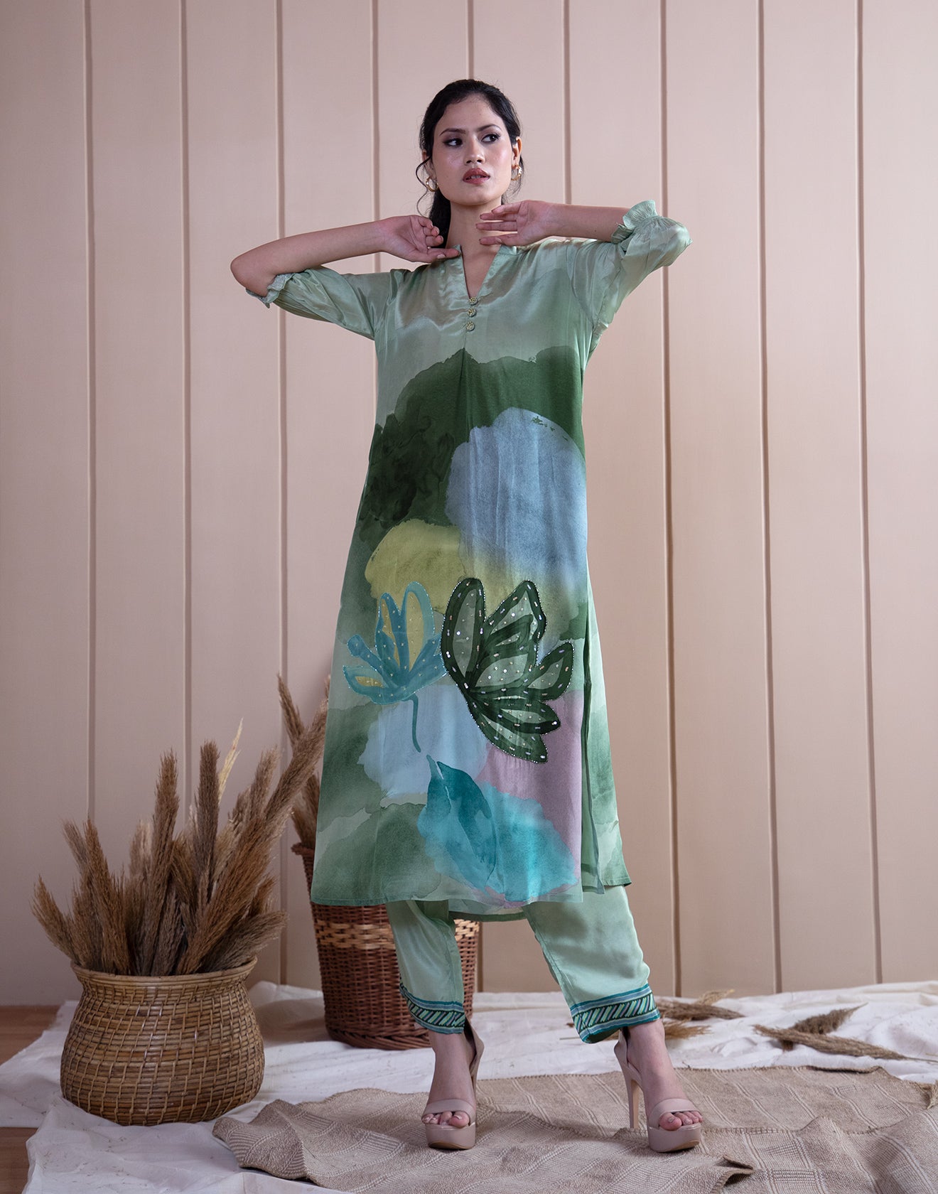 Hues Of Olive Floral Printed Silk Kurta Set