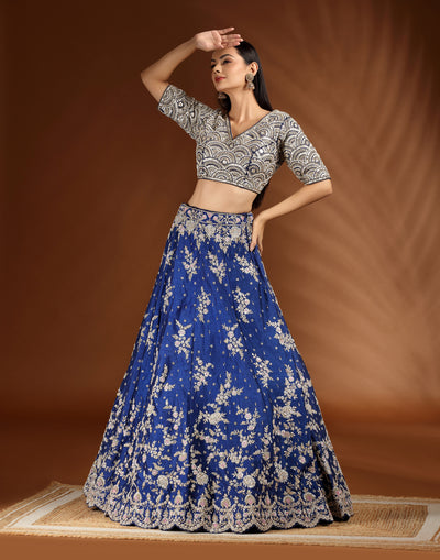 Ink Blue Zardosi Embroidered Bridal Lehenga Set
