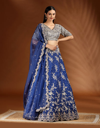 Ink Blue Zardosi Embroidered Bridal Lehenga Set