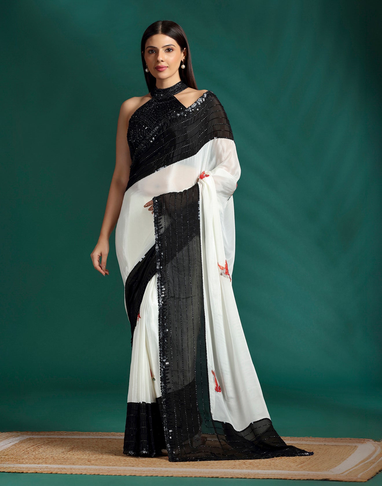 Ivory Eclipse Print With Embellished Crepe Saree With Unstitched Blouse Fabric