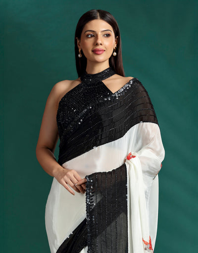 Ivory Eclipse Print With Embellished Crepe Saree With Unstitched Blouse Fabric