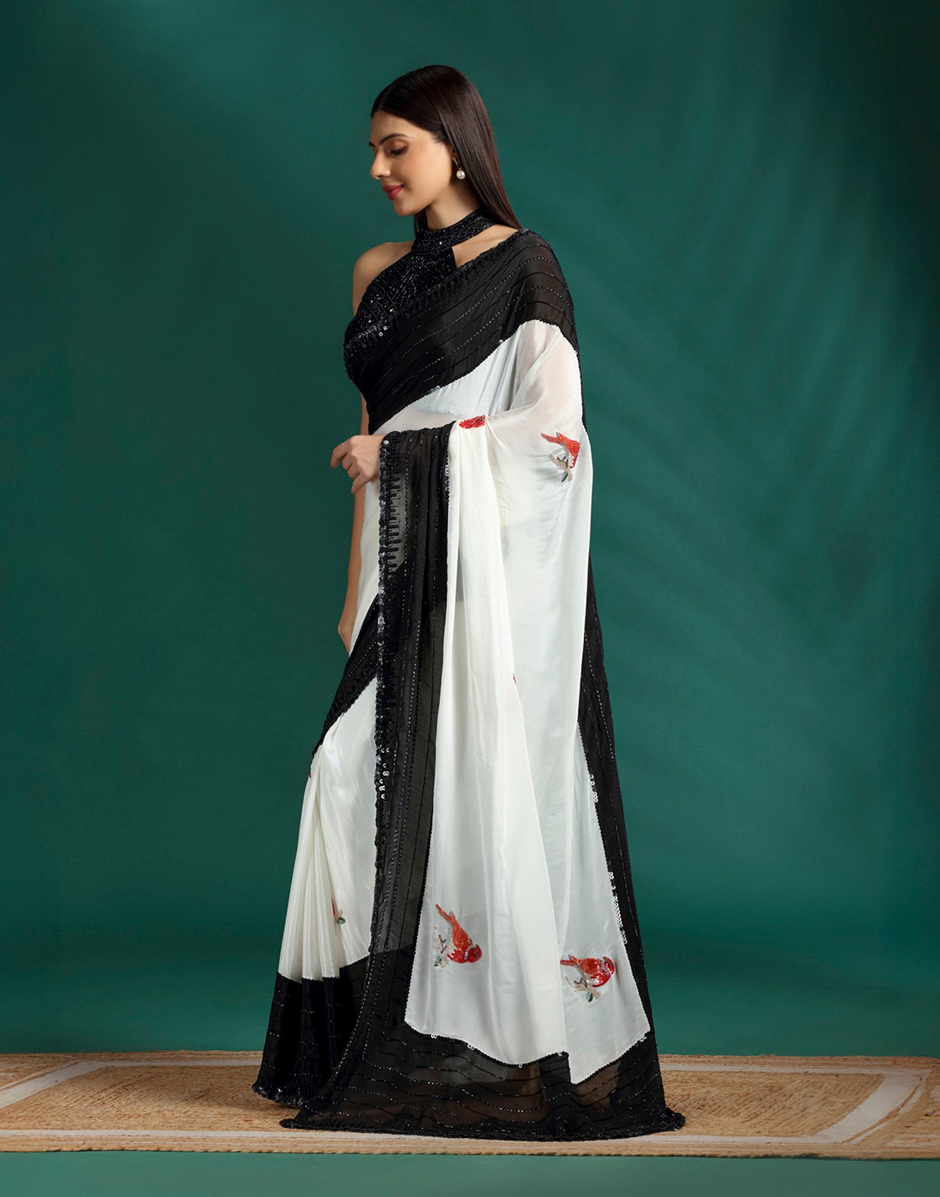 Ivory Eclipse Print With Embellished Crepe Saree With Unstitched Blouse Fabric