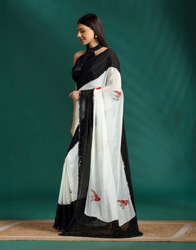 Ivory Eclipse Print With Embellished Crepe Saree With Unstitched Blouse Fabric