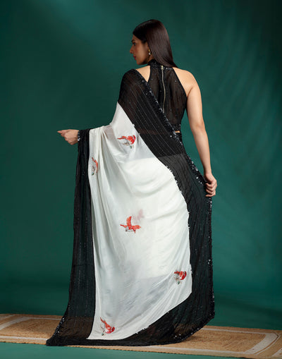 Ivory Eclipse Print With Embellished Crepe Saree With Unstitched Blouse Fabric