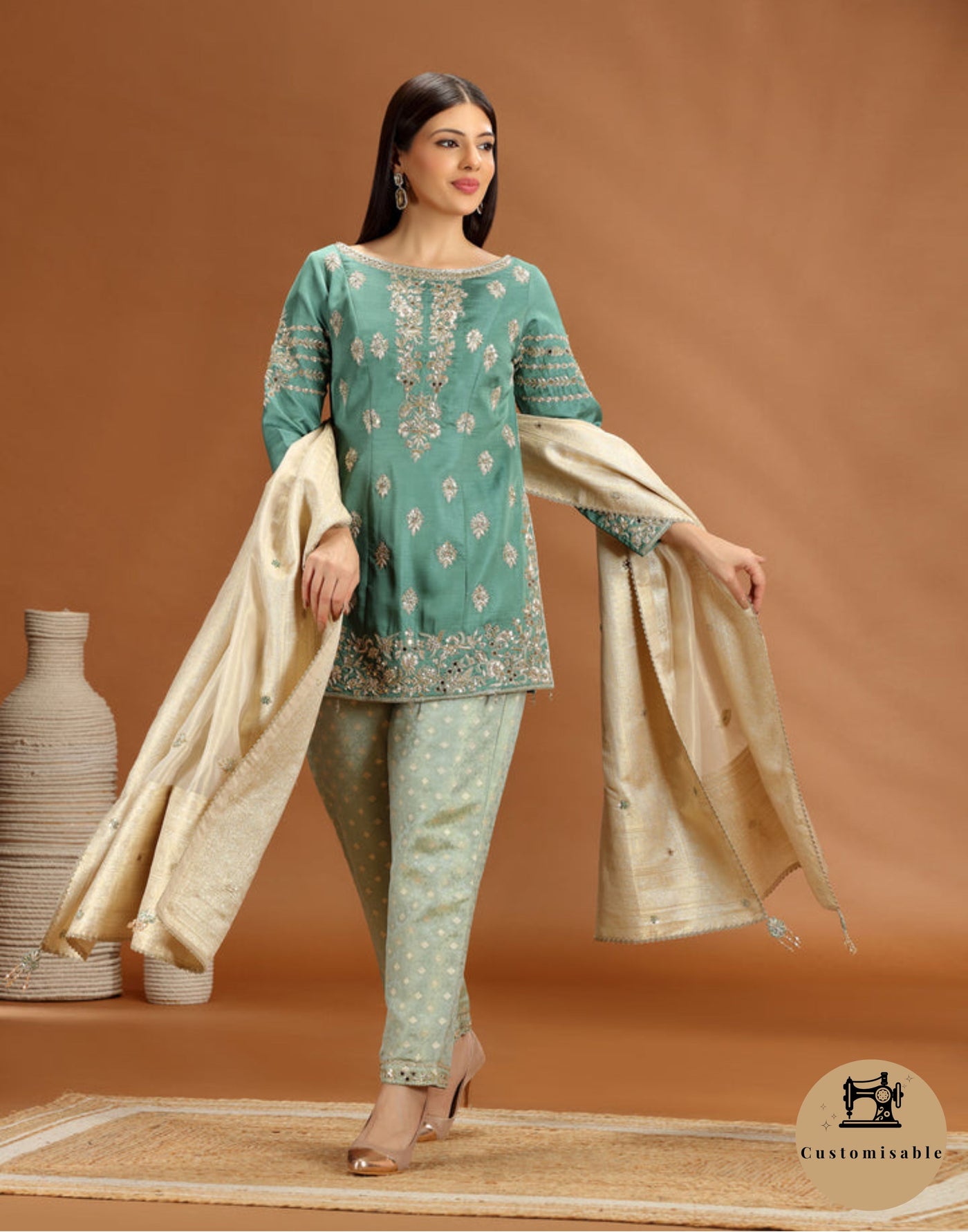Jade Joy Silk Kurta With Pure Banarasi Brocade Pant Set