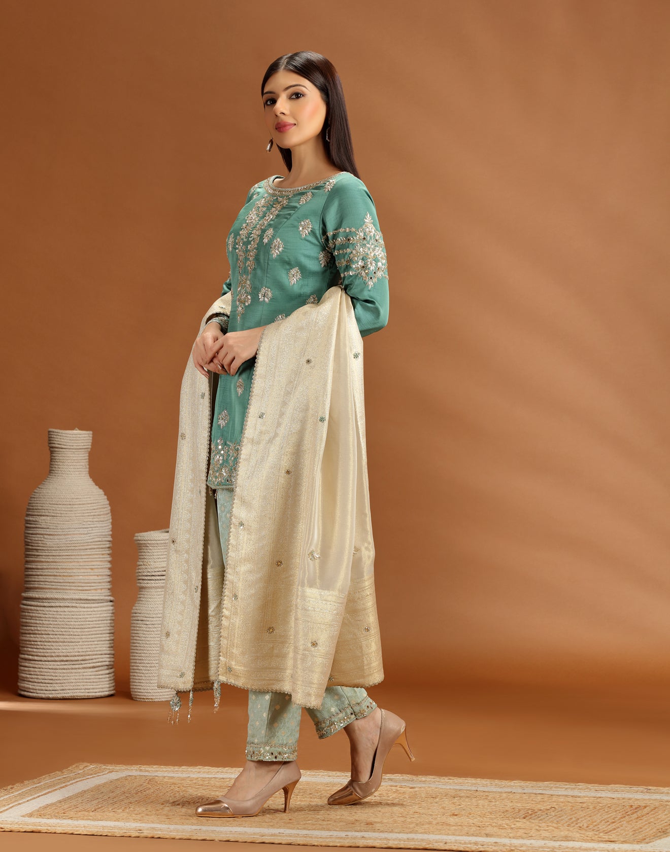 Jade Joy Silk Kurta With Pure Banarasi Brocade Pant Set