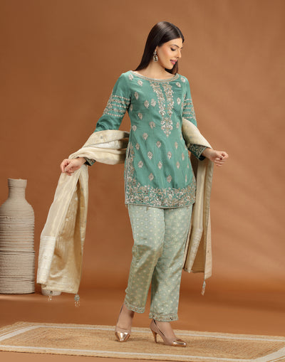 Jade Joy Silk Kurta With Pure Banarasi Brocade Pant Set