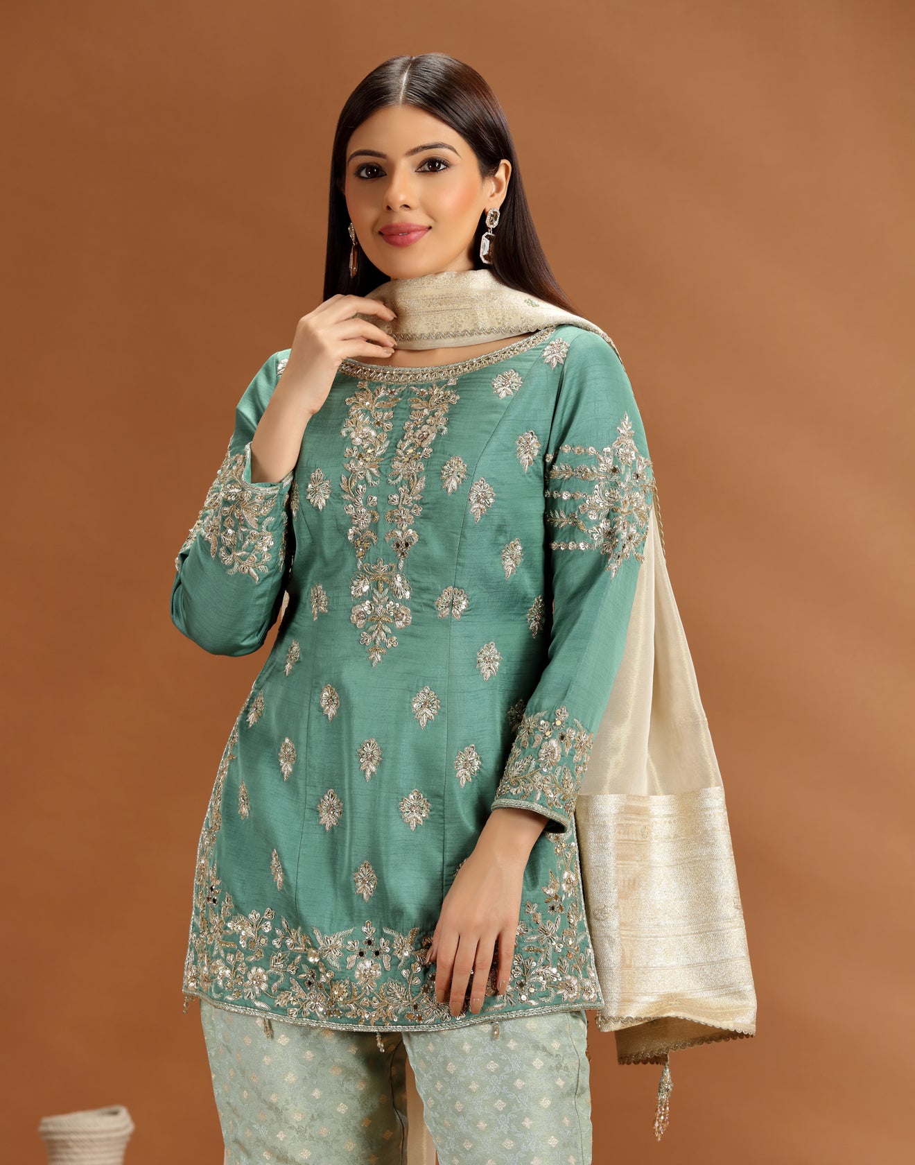 Jade Joy Silk Kurta With Pure Banarasi Brocade Pant Set