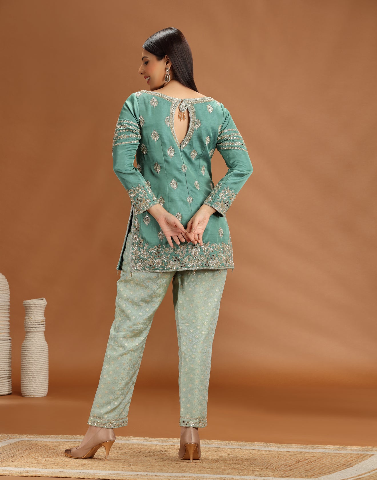 Jade Joy Silk Kurta With Pure Banarasi Brocade Pant Set