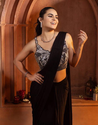 Jet Black Blended Lycra Pre-Stitched Cocktail Saree