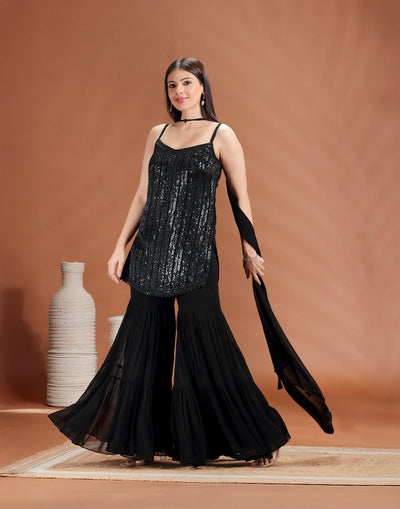Jet Black Sequin Embellished Gharara Set