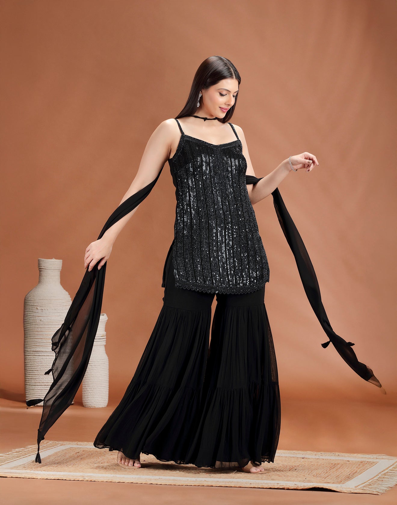 Jet Black Sequin Embellished Gharara Set