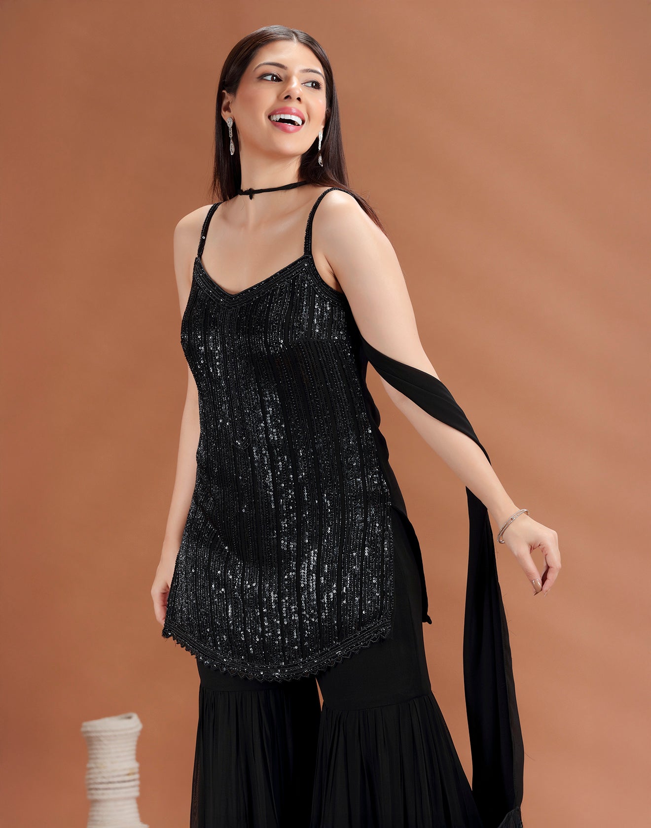 Jet Black Sequin Embellished Gharara Set