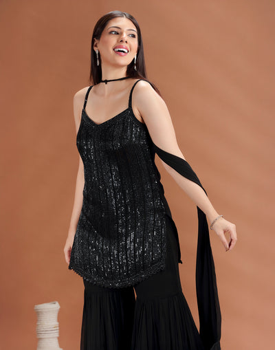 Jet Black Sequin Embellished Gharara Set
