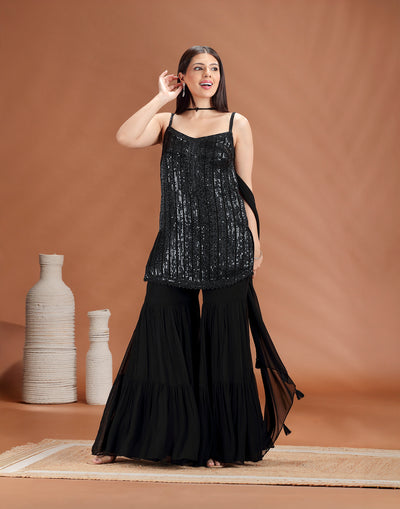 Jet Black Sequin Embellished Gharara Set