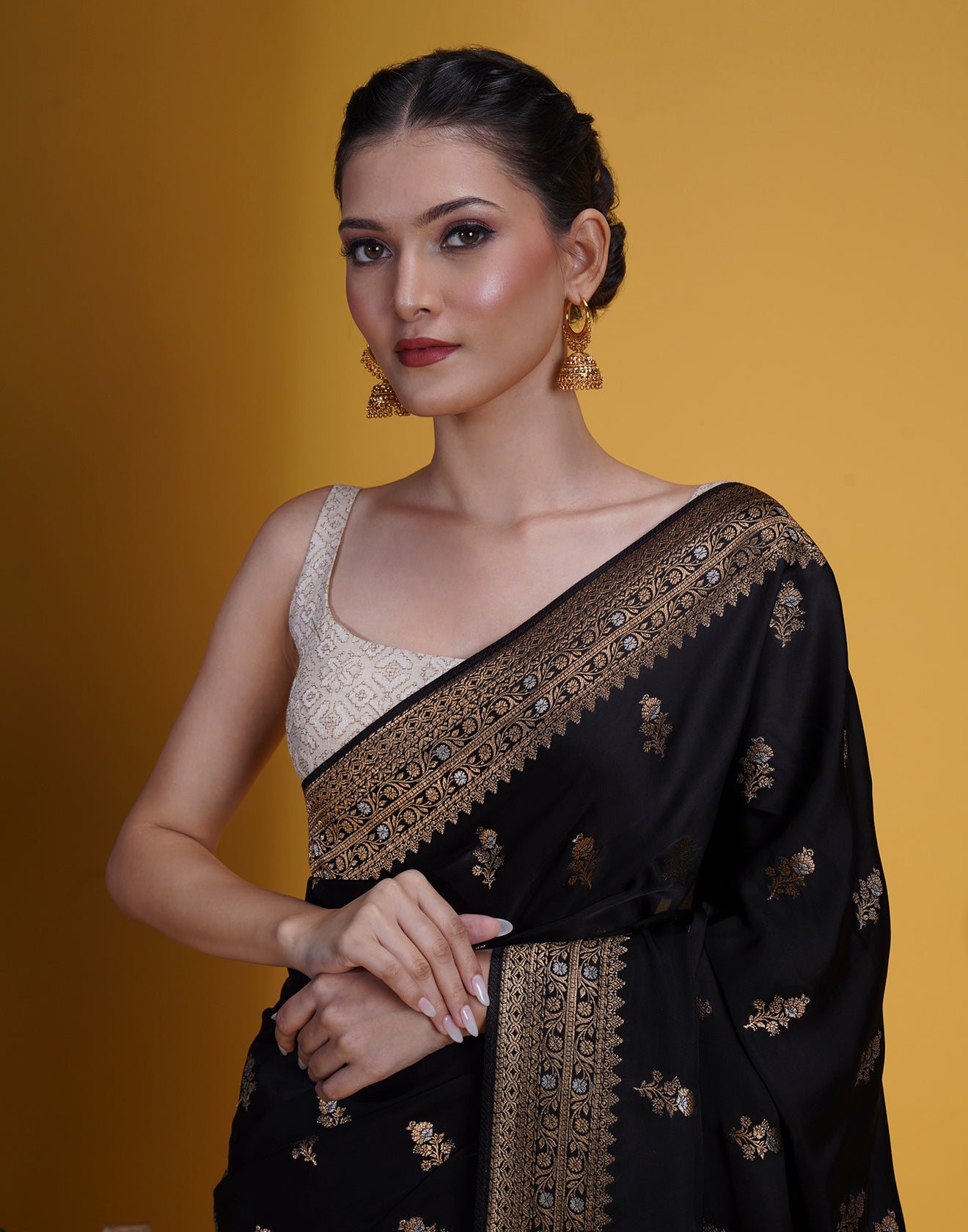 Jet Black With Antique Golden Weaving Silk Saree