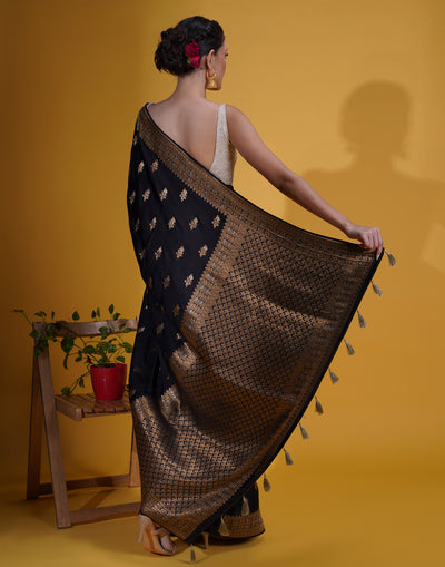 Jet Black With Antique Golden Weaving Silk Saree