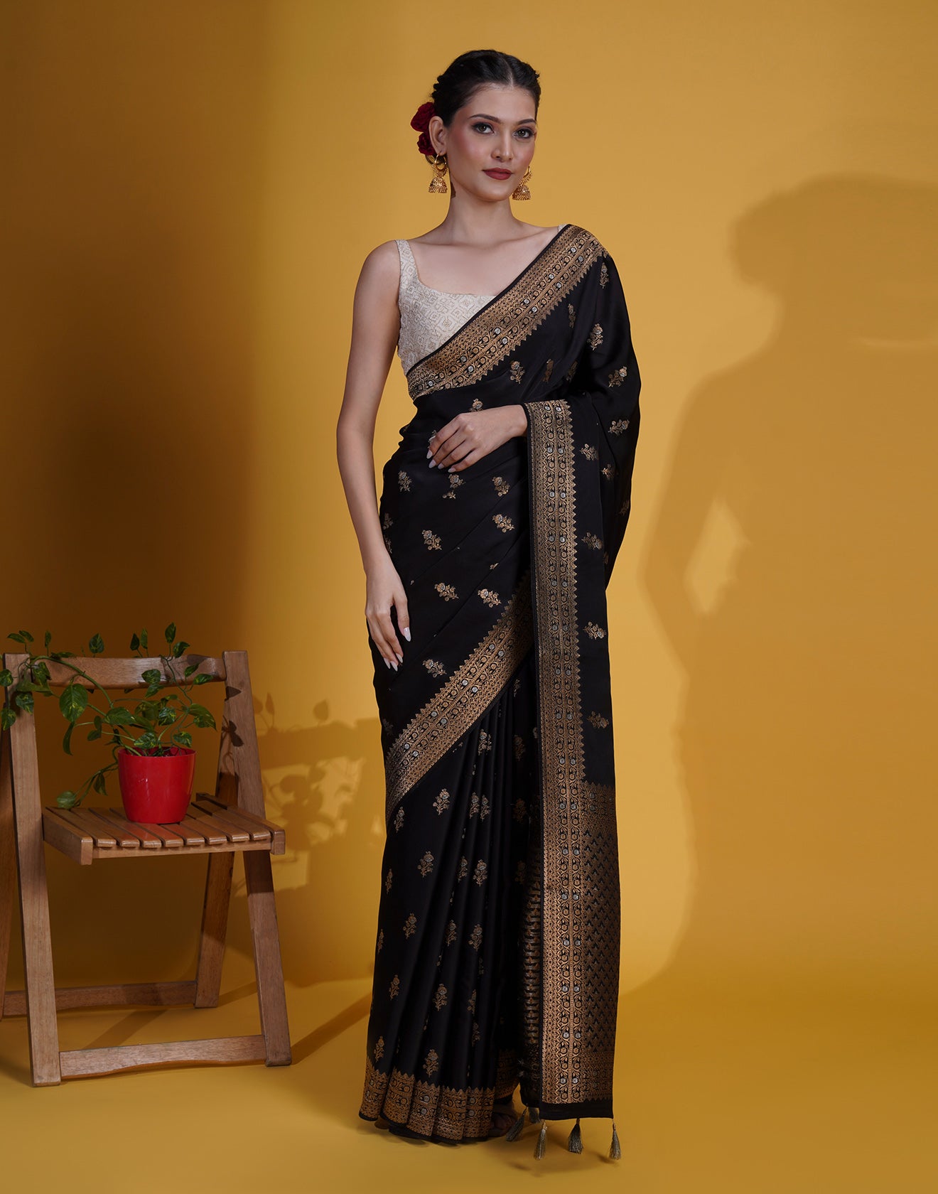 Jet Black With Antique Golden Weaving Silk Saree