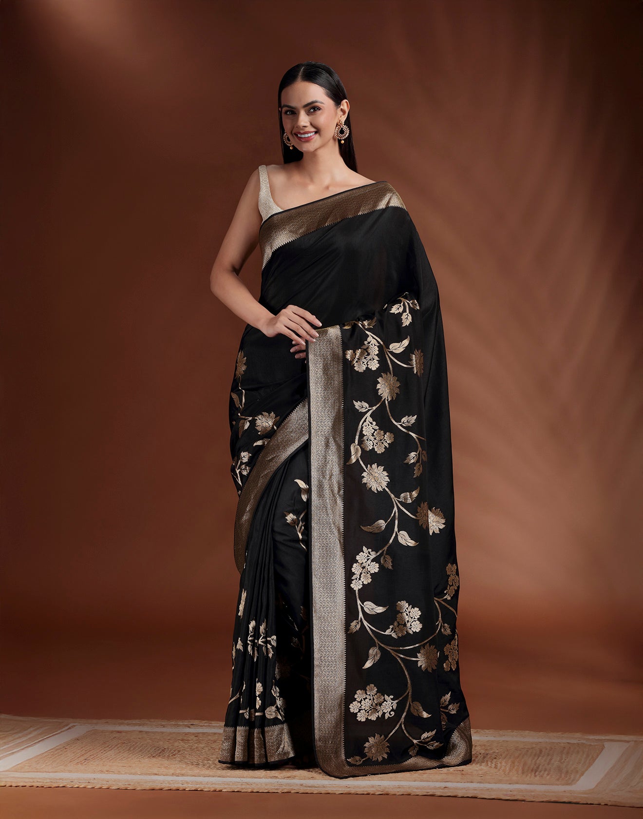 Jet Black With Golden Floral Border Dola Silk Saree With Unstitched Blouse Fabric