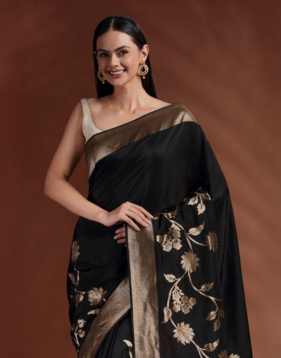 Jet Black With Golden Floral Border Dola Silk Saree With Unstitched Blouse Fabric