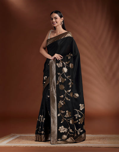 Jet Black With Golden Floral Border Dola Silk Saree With Unstitched Blouse Fabric