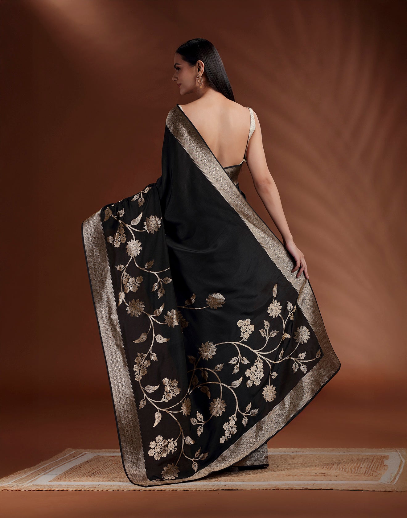Jet Black With Golden Floral Border Dola Silk Saree With Unstitched Blouse Fabric