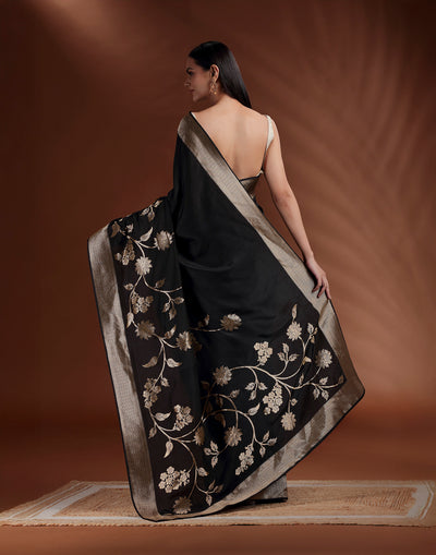 Jet Black With Golden Floral Border Dola Silk Saree With Unstitched Blouse Fabric