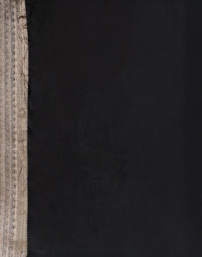 Jet Black With Golden Floral Border Dola Silk Saree With Unstitched Blouse Fabric