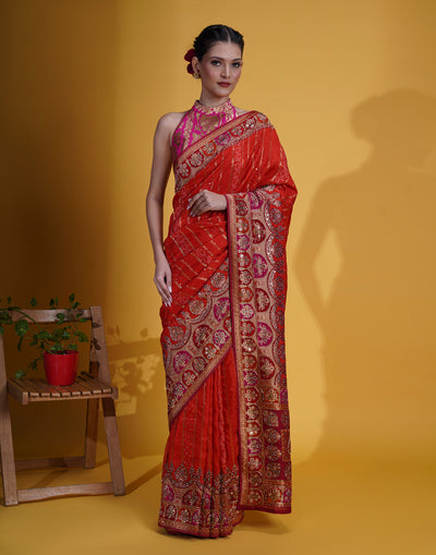 Laal Seher Bandhej With Mughal Border Silk Saree