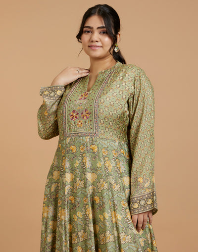 Lush Olive Printed Flared Kurti With Hand Embroidered Yoke