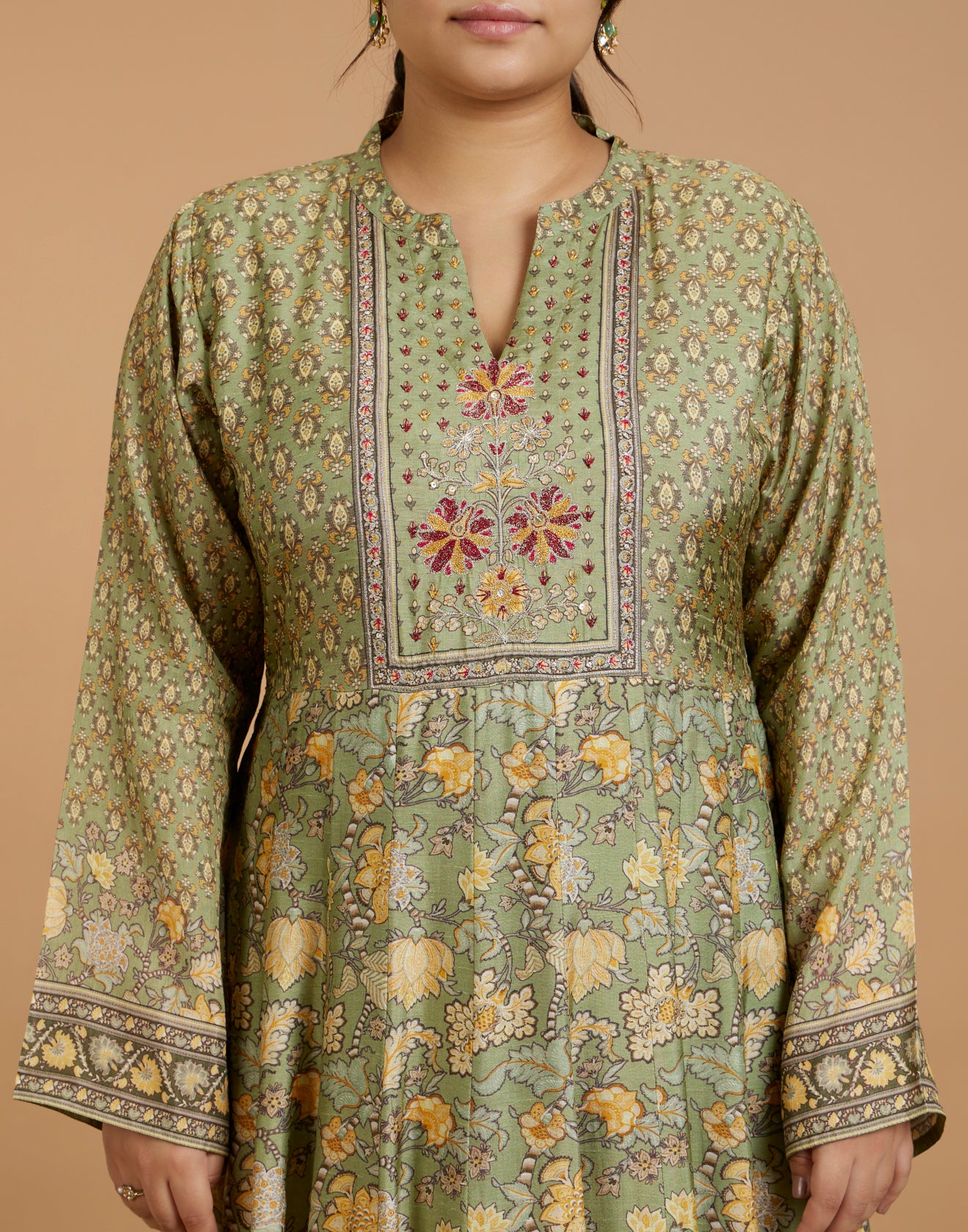 Lush Olive Printed Flared Kurti With Hand Embroidered Yoke