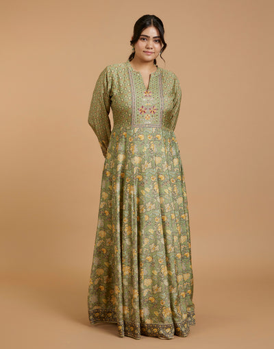 Lush Olive Printed Flared Kurti With Hand Embroidered Yoke