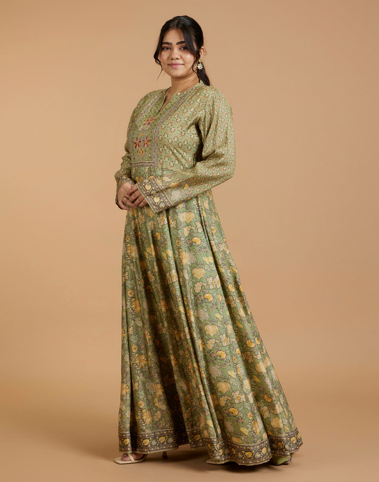 Lush Olive Printed Flared Kurti With Hand Embroidered Yoke