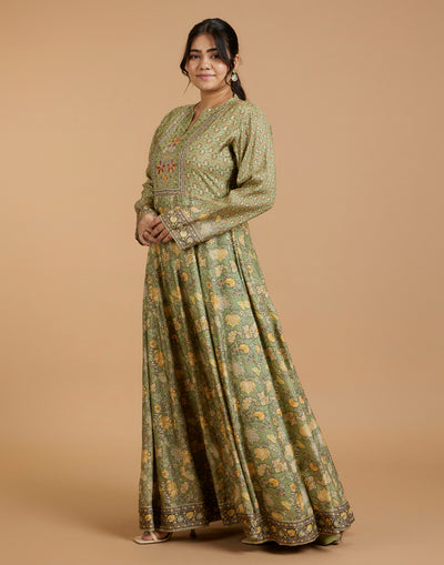 Lush Olive Printed Flared Kurti With Hand Embroidered Yoke