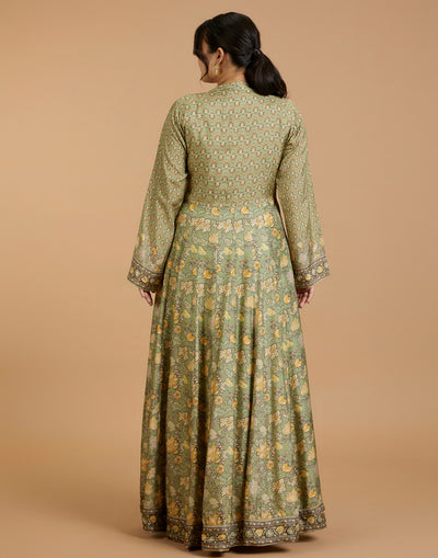 Lush Olive Printed Flared Kurti With Hand Embroidered Yoke