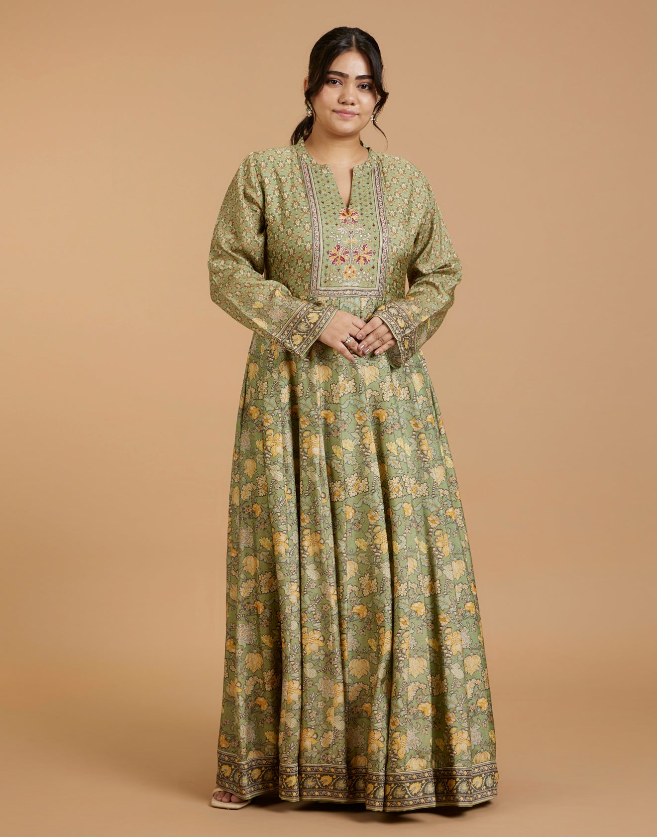 Lush Olive Printed Flared Kurti With Hand Embroidered Yoke