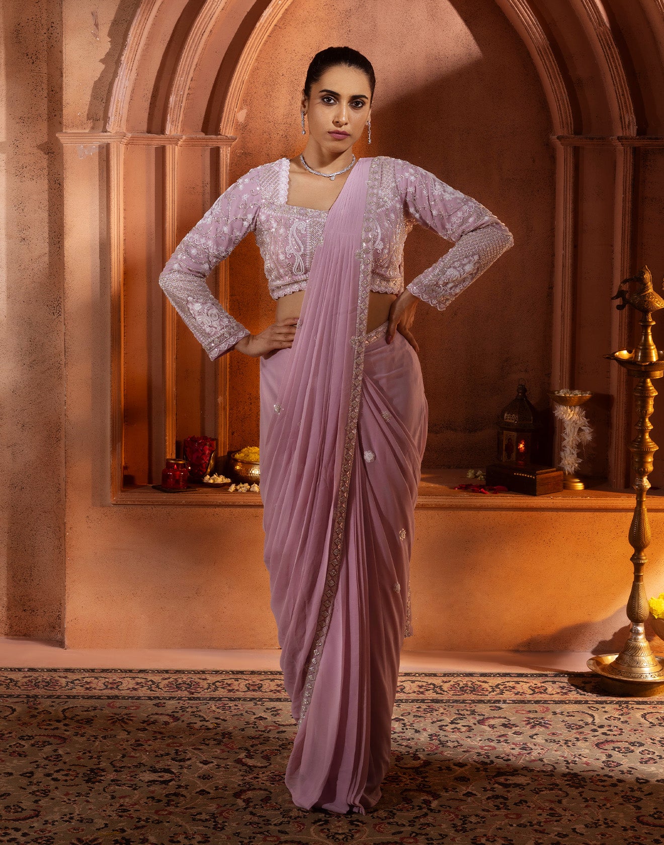 Mallow Mauve Embellished Pre-Stitched Saree