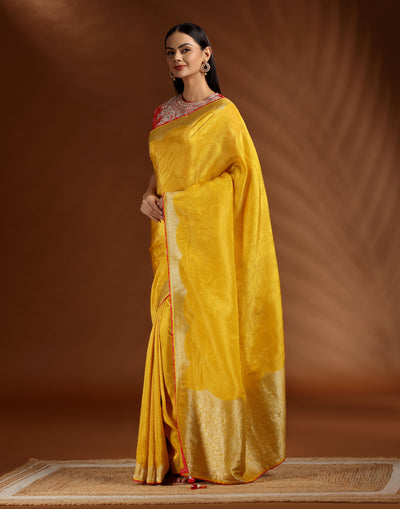 Marigold Magic Dola Silk Saree With Contrast Red Bandhej Stitched Blouse