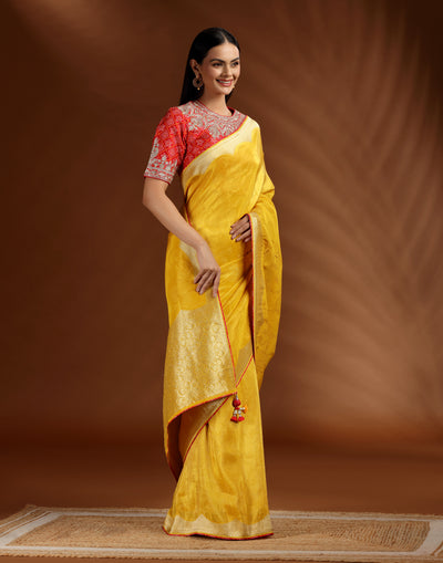 Marigold Magic Dola Silk Saree With Contrast Red Bandhej Stitched Blouse