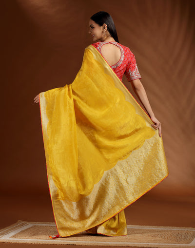 Marigold Magic Dola Silk Saree With Contrast Red Bandhej Stitched Blouse
