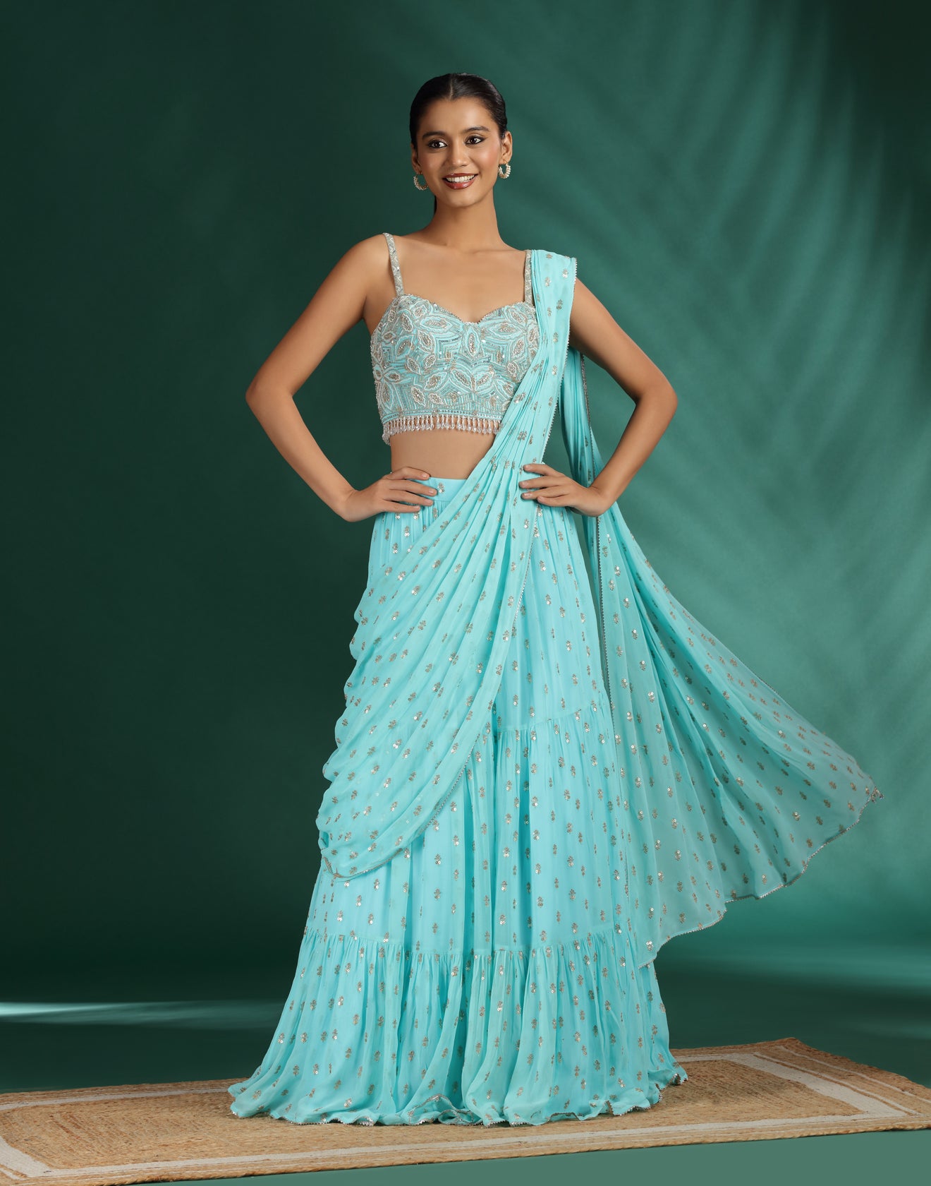 Marine Bloom Georgette Pre-Stitched Saree With Embellished Blouse
