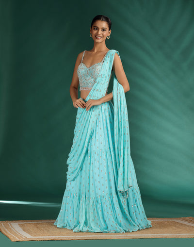 Marine Bloom Georgette Pre-Stitched Saree With Embellished Blouse