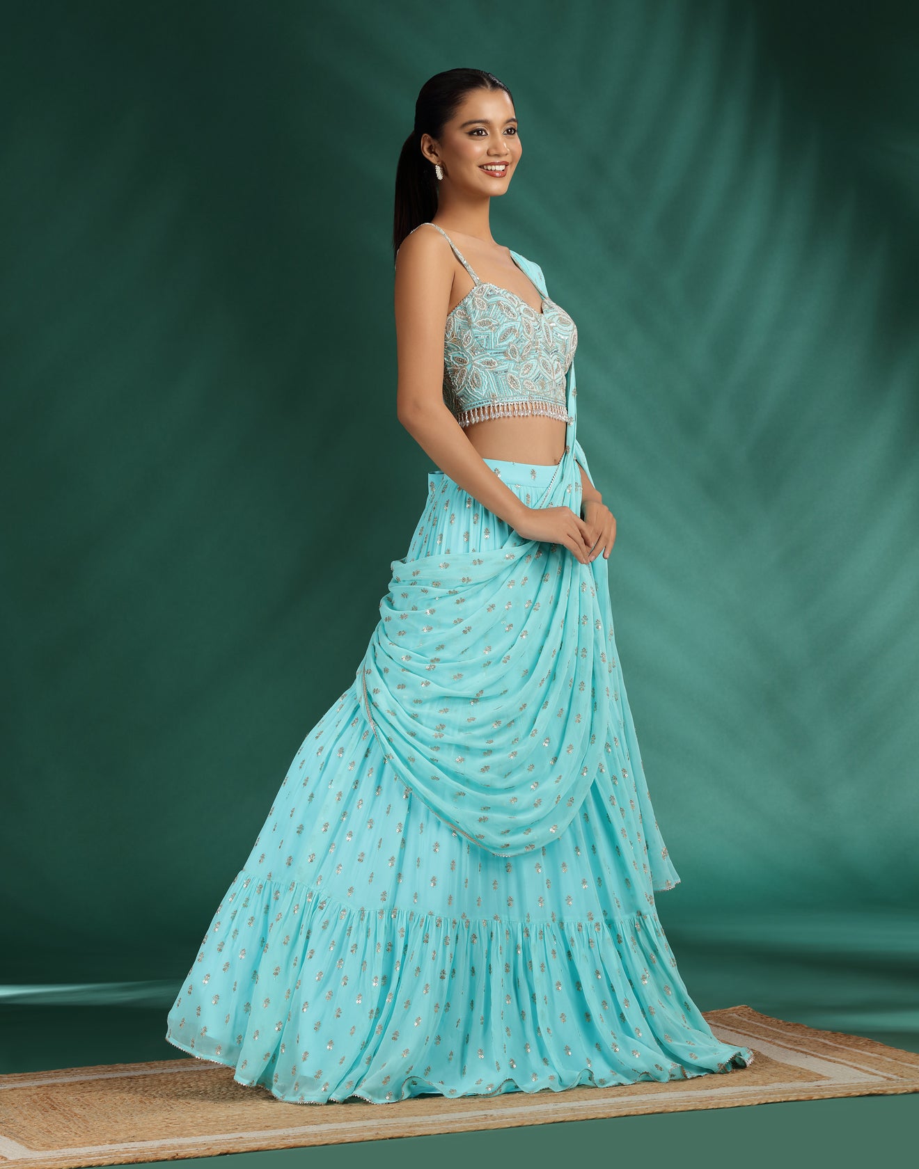 Marine Bloom Georgette Pre-Stitched Saree With Embellished Blouse