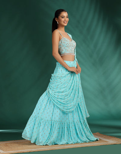 Marine Bloom Georgette Pre-Stitched Saree With Embellished Blouse