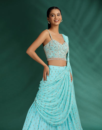 Marine Bloom Georgette Pre-Stitched Saree With Embellished Blouse
