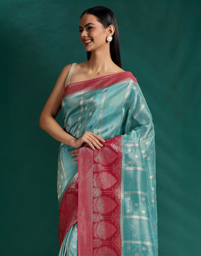 Marine Glow Tissue Silk Saree With Unstitched Blouse Fabric