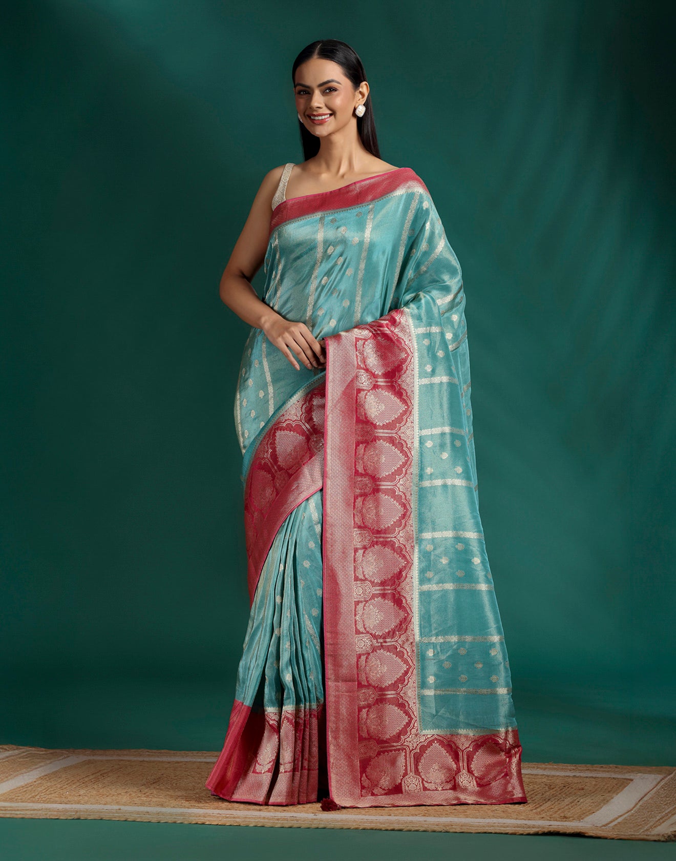 Marine Glow Tissue Silk Saree With Unstitched Blouse Fabric