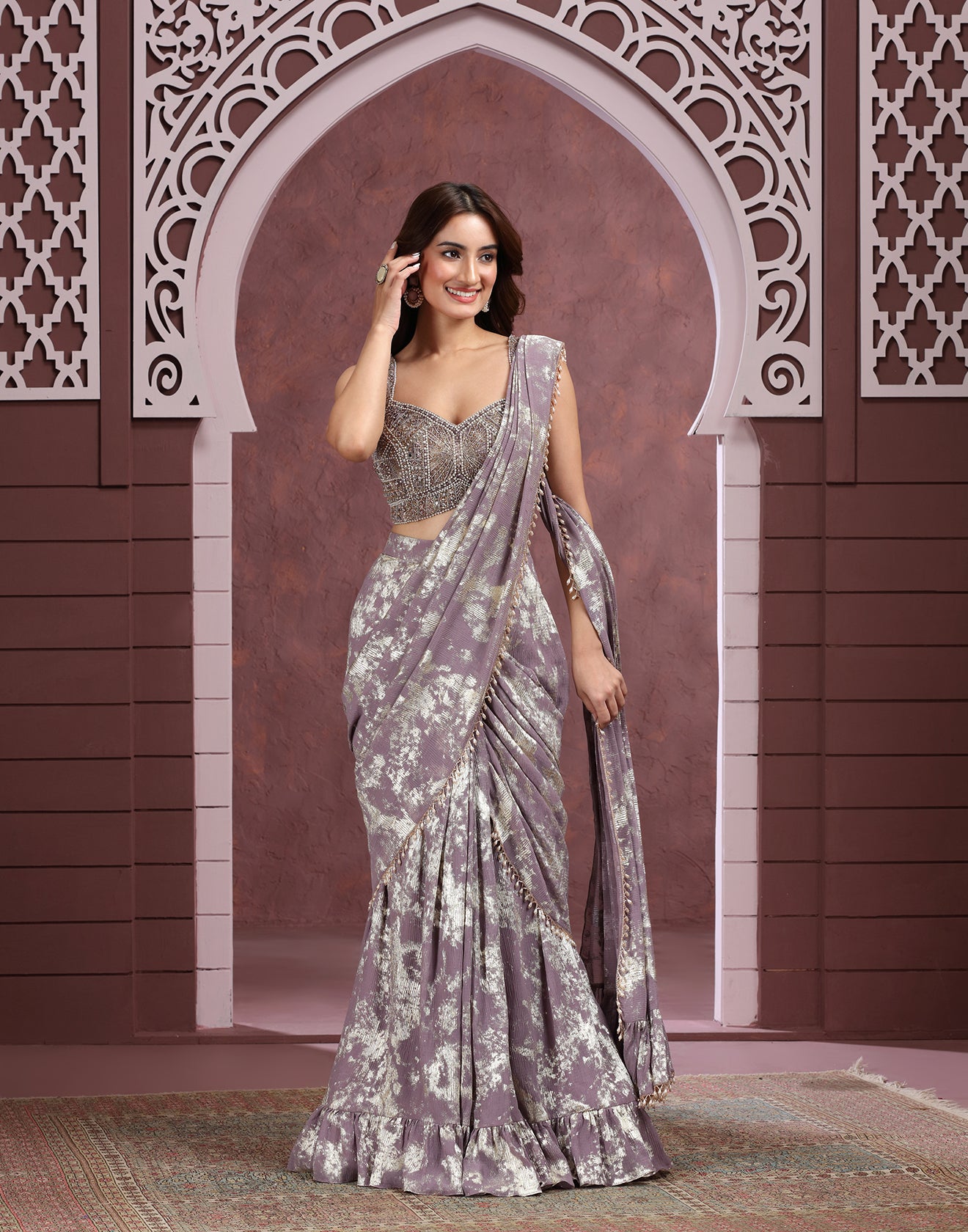 Mauve Marble Foil Printed Pre-Stitched Saree With Embellished Blouse